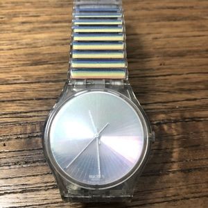 Swatch watch, stretch band in rainbow colors. Vintage